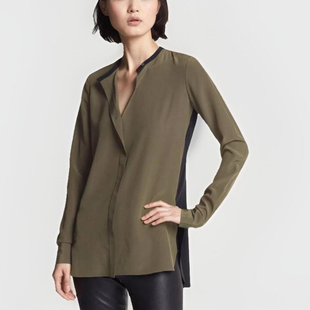 Vince Olive Green Black 100% Silk Top Blouse Tunic Long Slv Sz 2 Or Xs